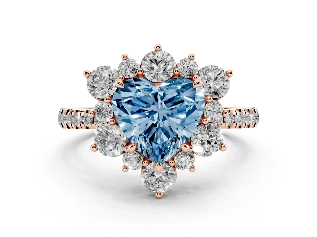 Fancy Blue Heart Cut Diamond Floral Halo Ring with Round Pavé Band and Prong Setting Rose gold