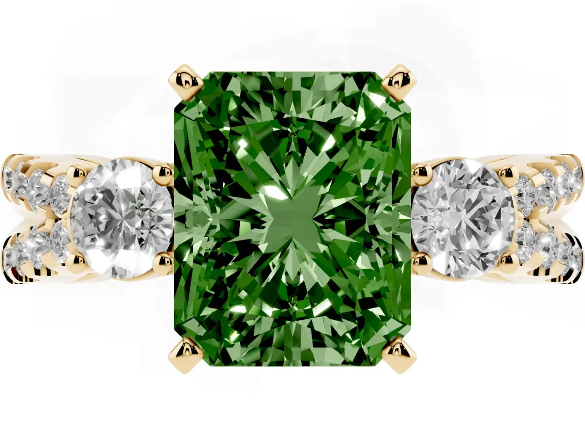 Fancy Green Radiant Cut Diamond Three-Stone Ring with Pavé Split Shank and Four-Prong Setting Yellow gold