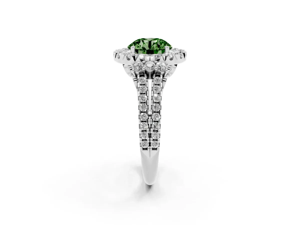 Fancy Green Round Cut Cut Double Halo Diamond Engagement Ring with Pave Band and Four-Prong Setting Silver