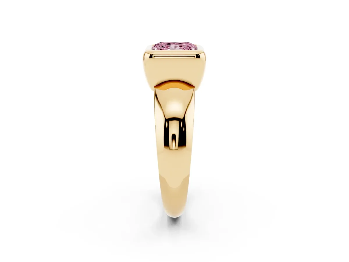 Fancy Pink Bezel Set Princess Cut Solitaire Ring with Wide Band Yellow gold