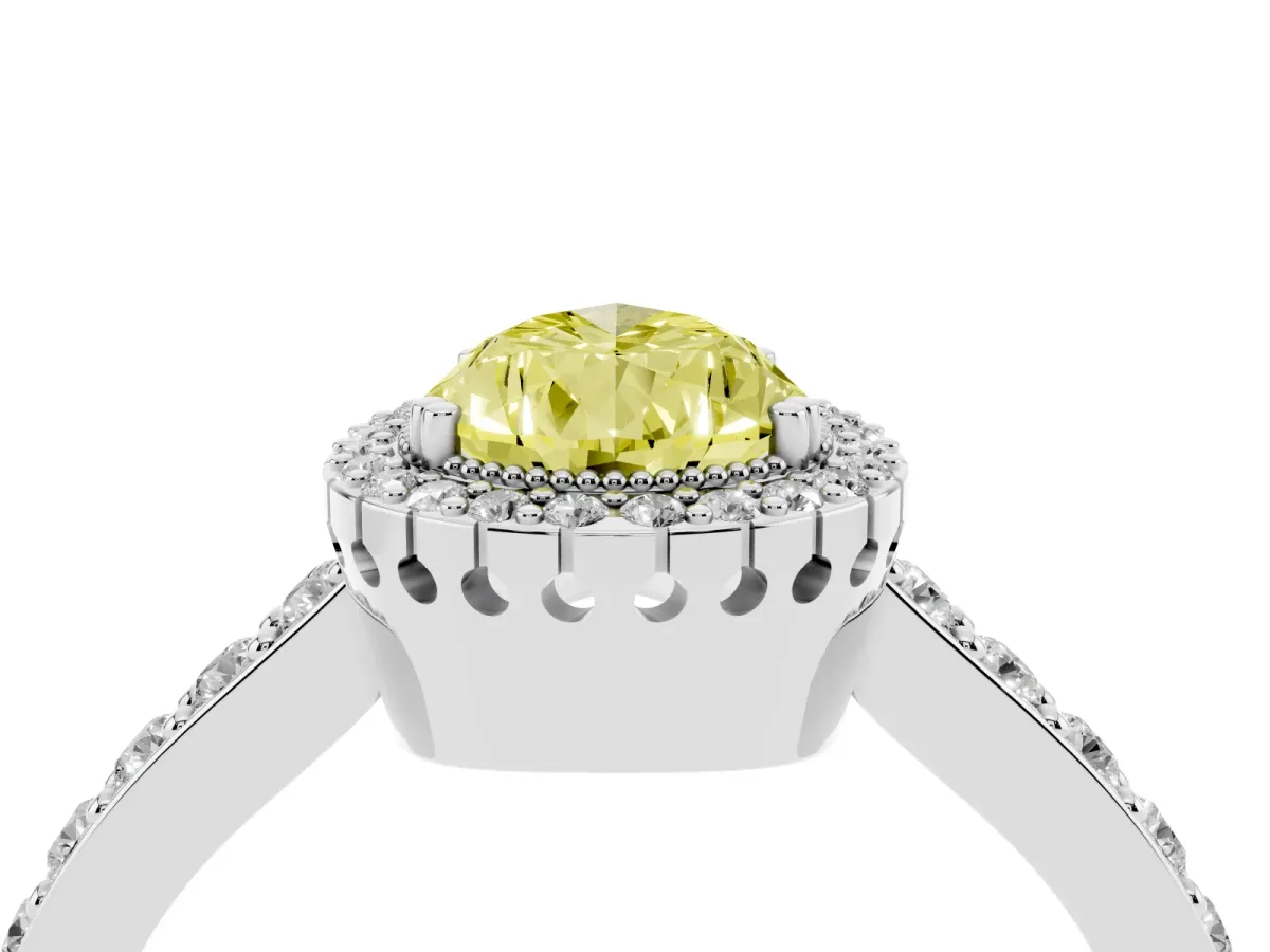 Fancy Yellow Pear Cut Cut Diamond Halo Engagement Ring with Milgrain Detail and Pavé Band Silver