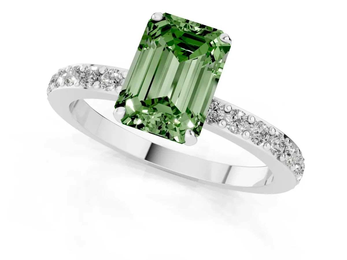 Fancy Green Emerald Cut Diamond Solitaire Engagement Ring with Pavé Band and Four-Prong Setting Platinum