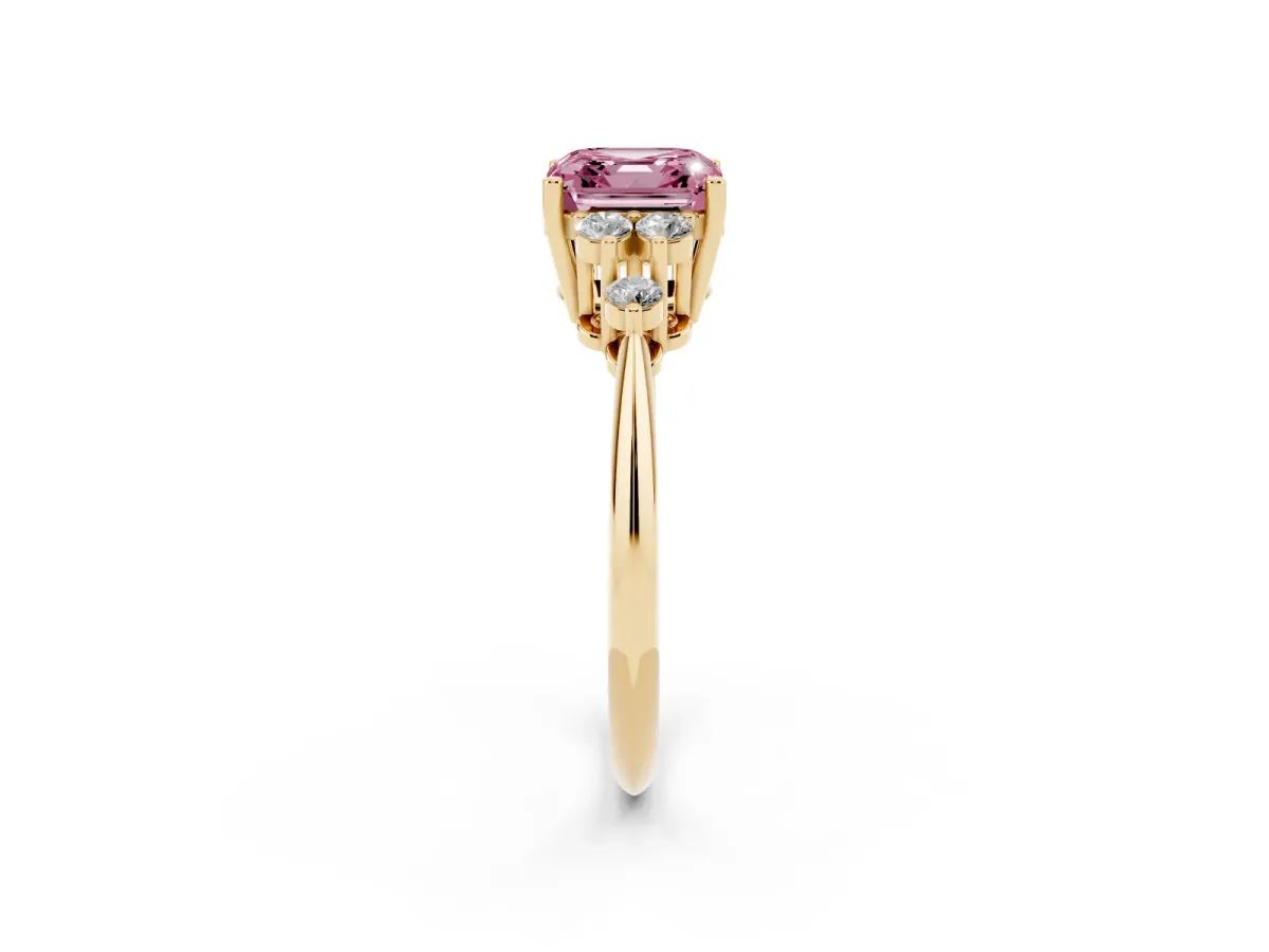 Fancy Pink Asscher Cut Cut Diamond Cluster Ring with Solitaire Band and Four-Prong Setting Yellow gold