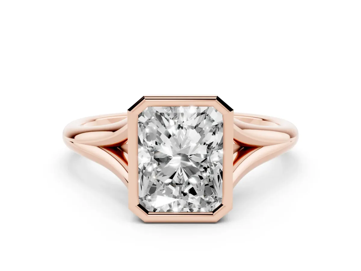 Bezel Set Radiant Cut Cut Solitaire Ring with Tapered Band Rose gold