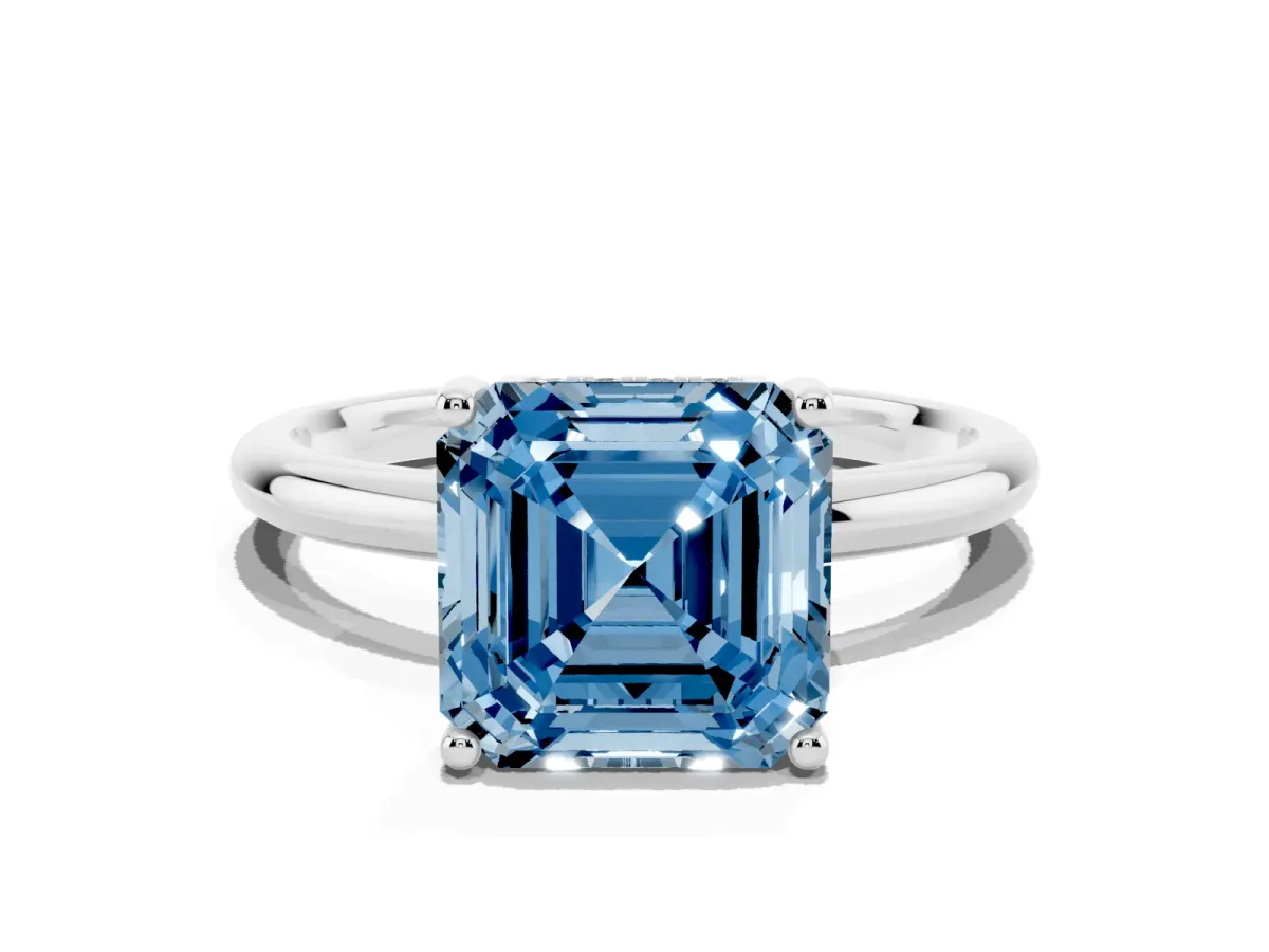 Fancy Blue Asscher Cut Cut Solitaire Engagement Ring with Four-Prong Setting and Classic Band Silver