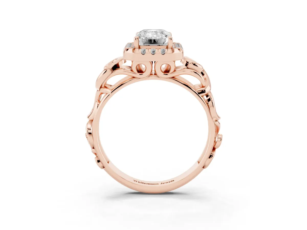 Emerald Cut Cut Halo Diamond Ring with Scrollwork Band and Four-Prong Setting Rose gold
