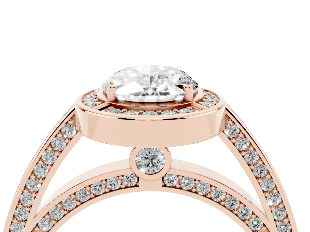 Oval Cut Cut Halo Pave Split Shank Prong Setting Ring Rose gold