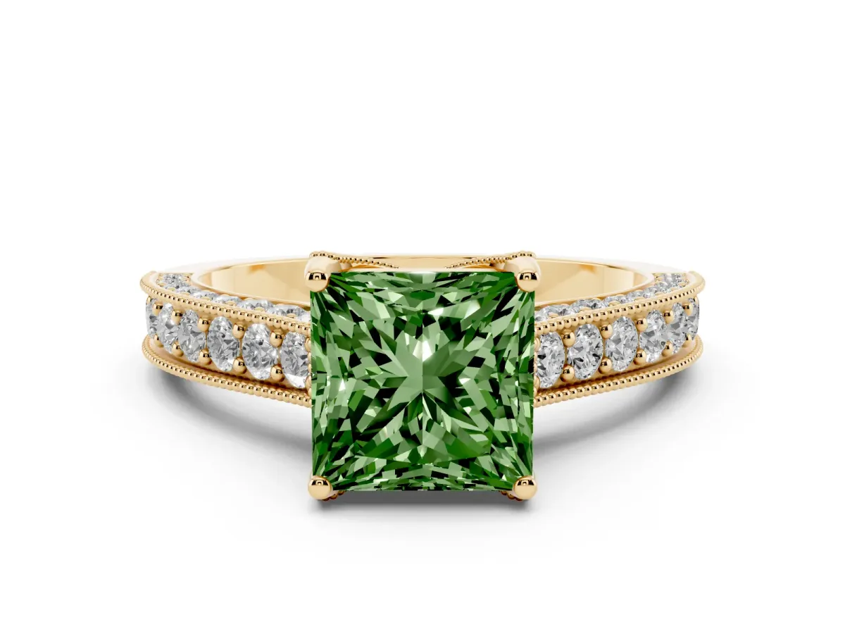 Fancy Green Princess Cut Cut Diamond Solitaire Ring with Milgrain Pave Band and Four Prong Setting Yellow gold