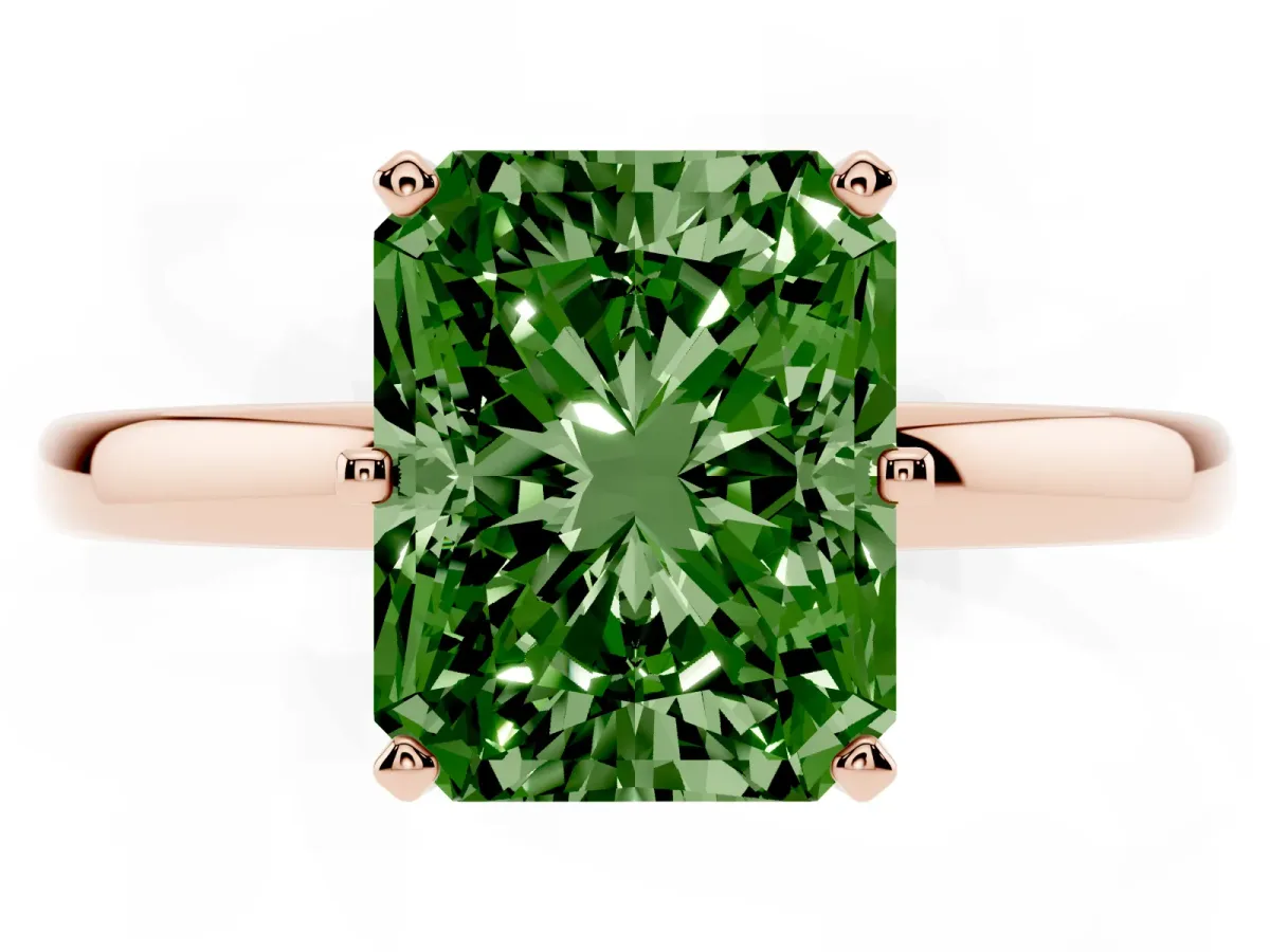 Fancy Green Radiant Cut Solitaire Diamond Ring with Six-Prong Setting on a Classic Band Rose gold