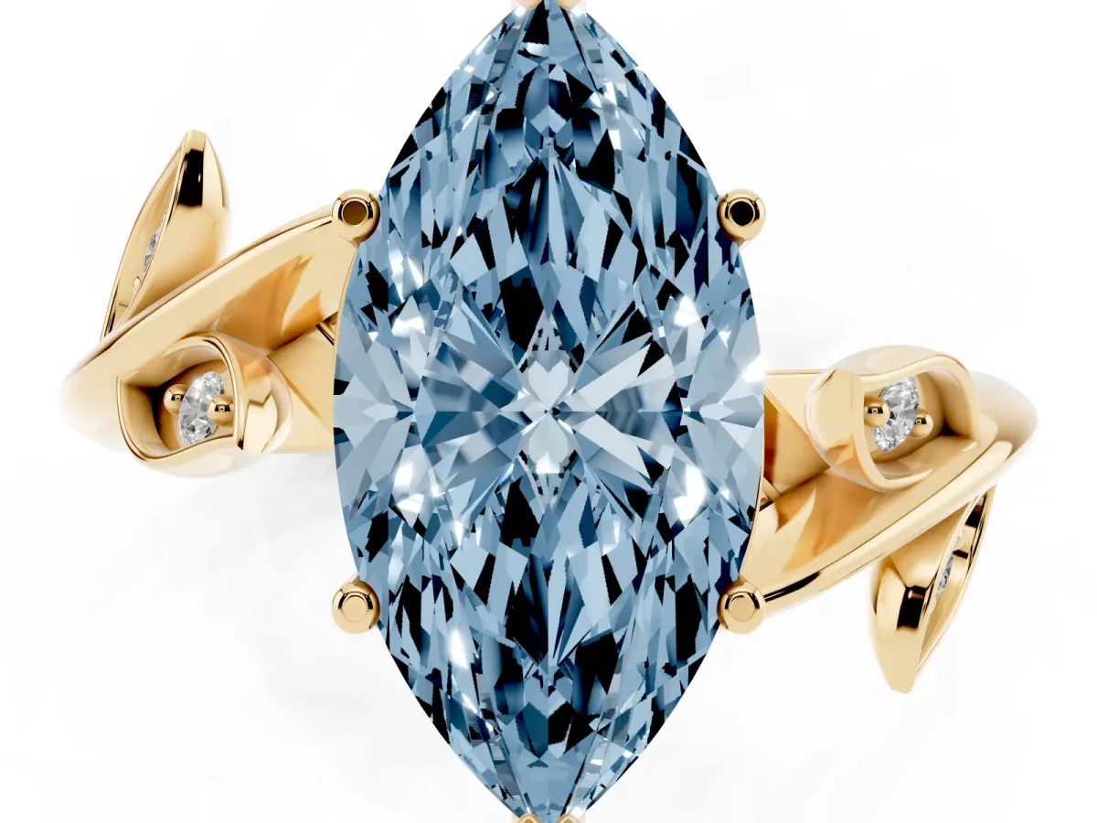 Fancy Blue Marquise Cut Solitaire Twist Engagement Ring with Leaf Accents and Prong Setting Yellow gold
