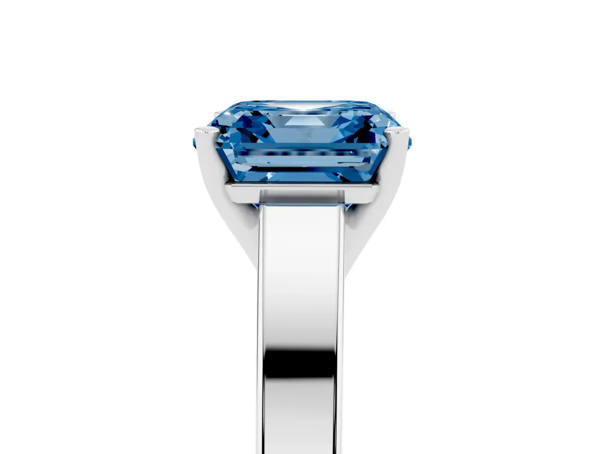 Fancy Blue Asscher Cut Solitaire Engagement Ring with Four-Prong Setting and Tapered Band Silver