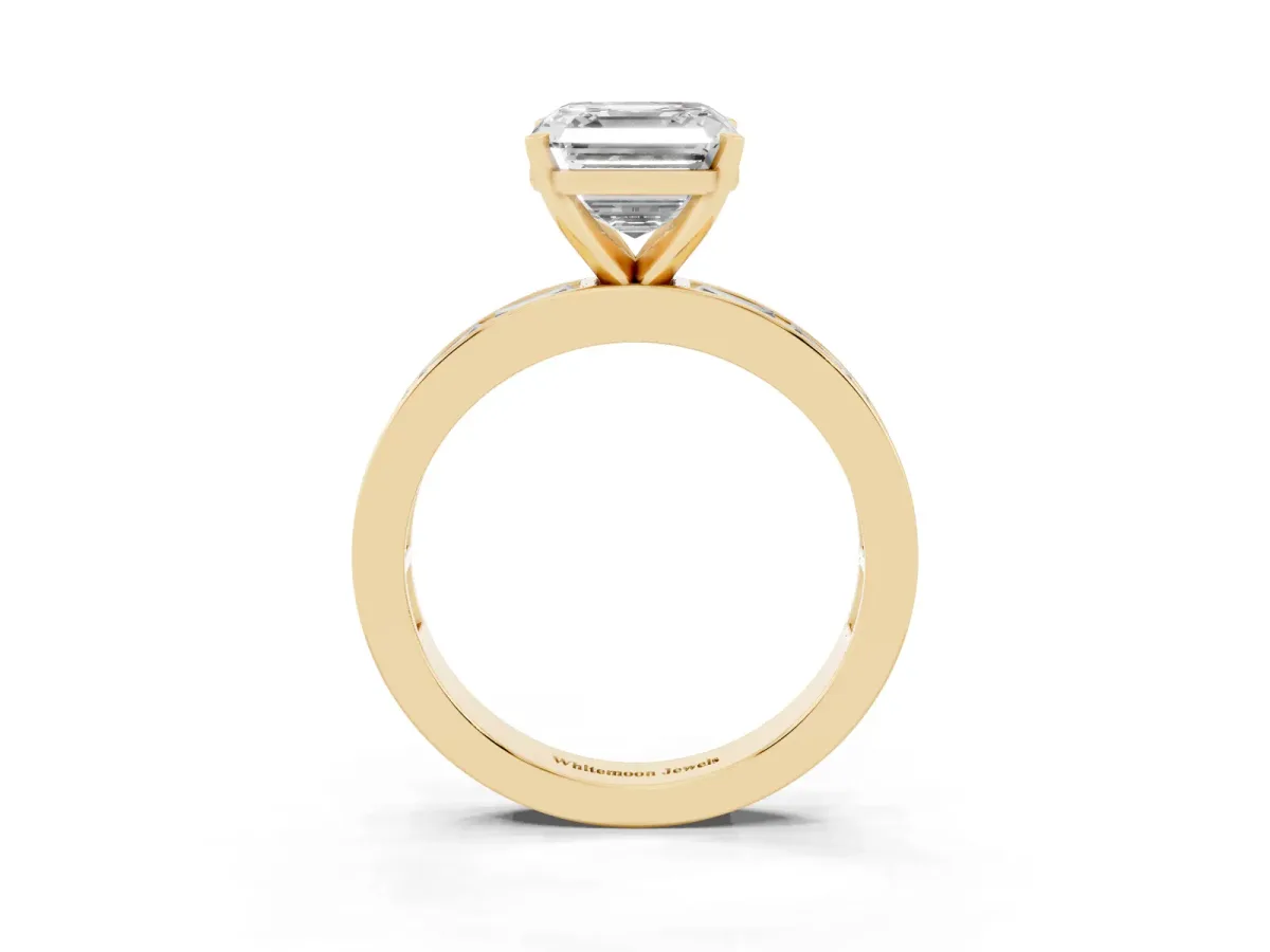 Asscher Cut Solitaire Diamond Ring with Channel-Set Baguette Band and Four-Prong Setting Yellow gold
