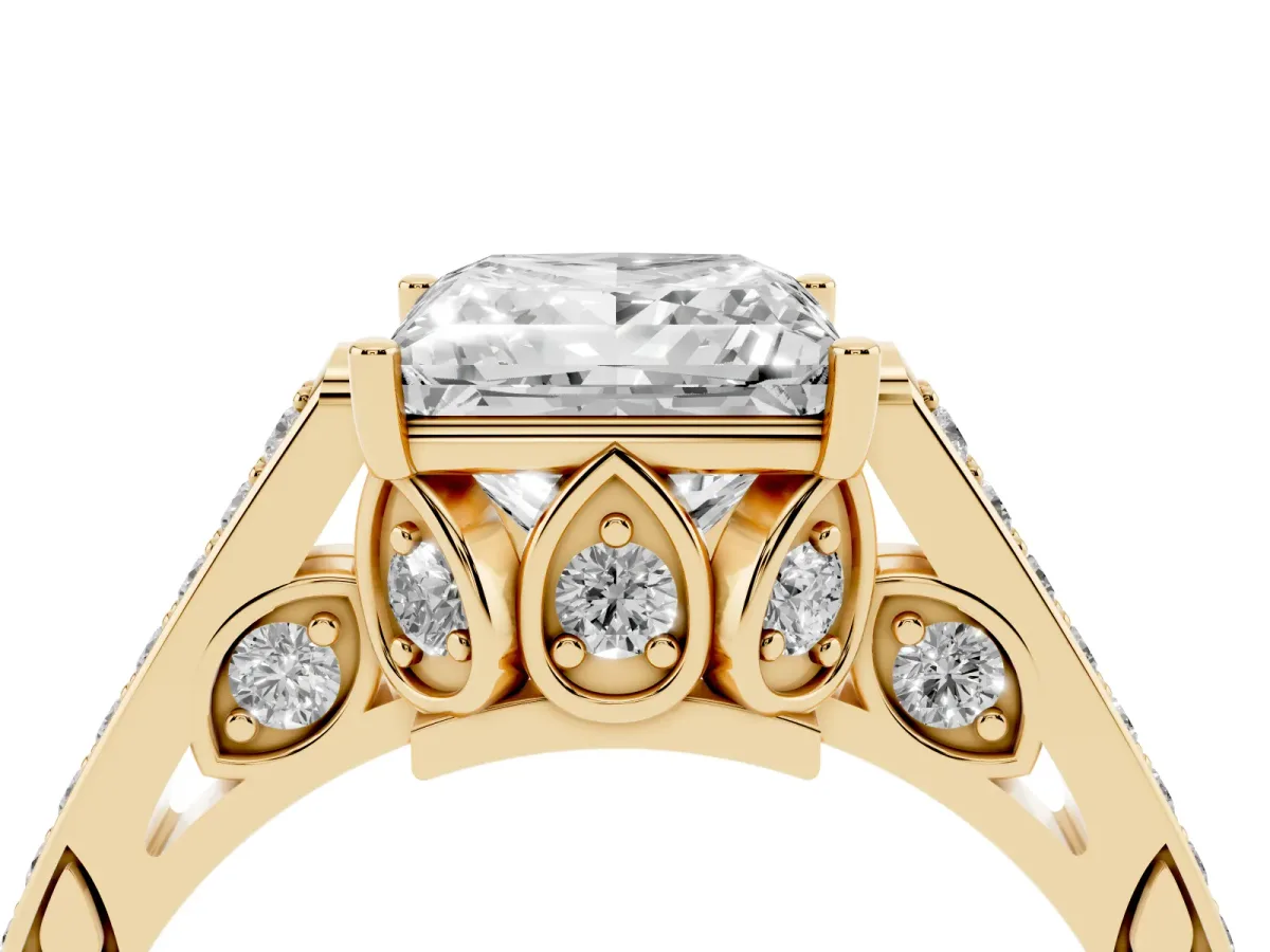 Princess Cut Cut Cathedral Pave Diamond Engagement Ring with Six-Prong Setting Yellow gold