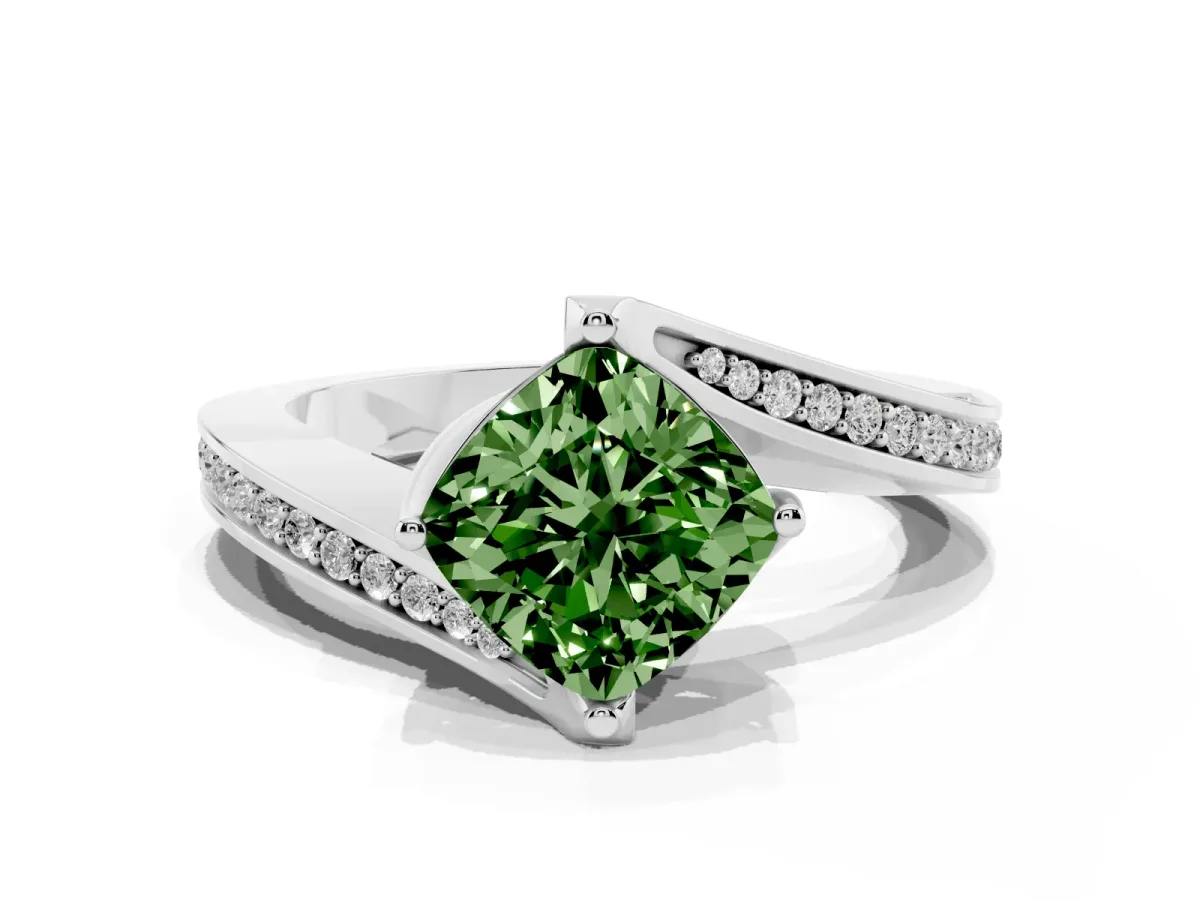 Fancy Green Cushion Cut Solitaire Diamond Twist Band with Pavé Setting and Four-Prong Setting Silver
