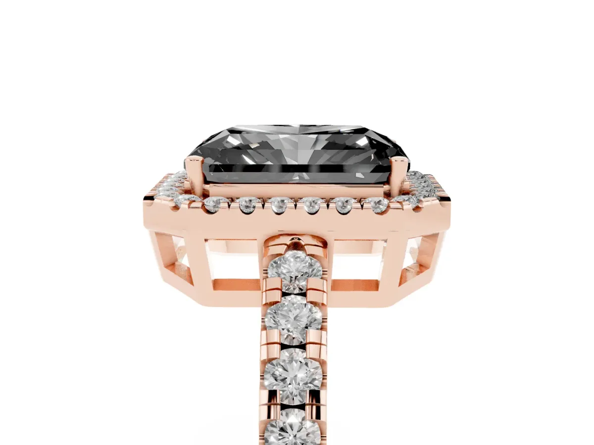 Fancy Black Radiant Cut Diamond Halo Ring with Pavé Band and Four-Prong Setting Rose gold