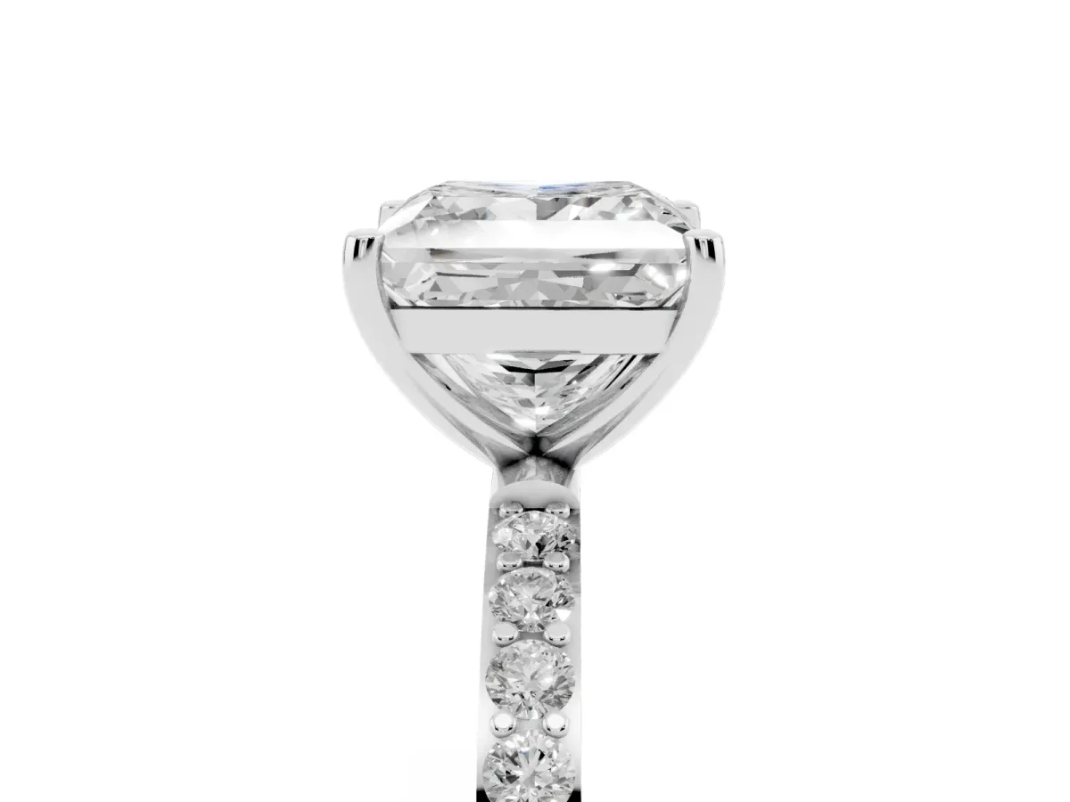 Princess Cut Diamond Solitaire Ring with Round Pavé Shoulders and Prong Setting Silver