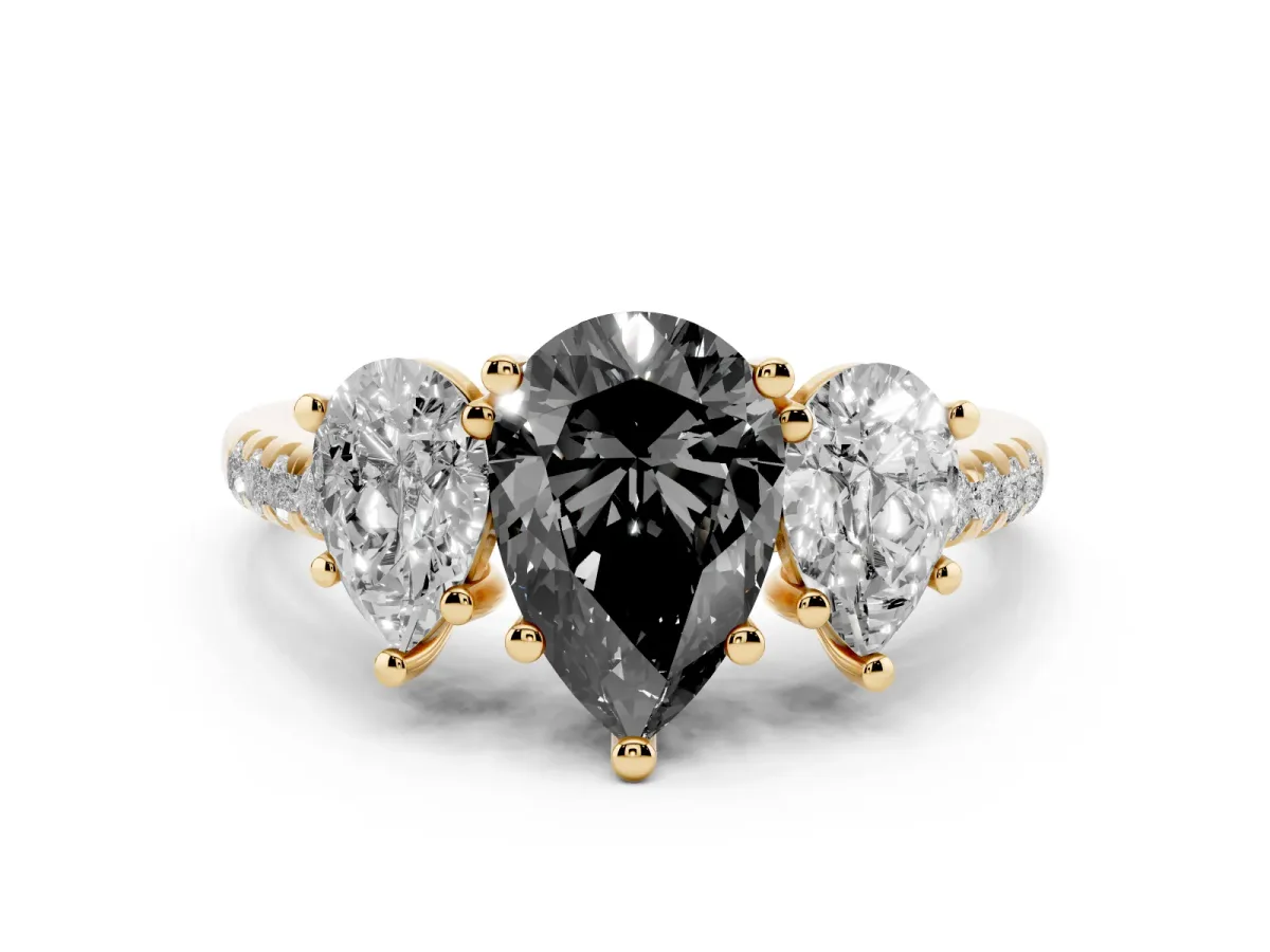 Fancy Black Three-Stone Pear Cut Diamond Ring with Round Pavé Band and Prong Setting Yellow gold
