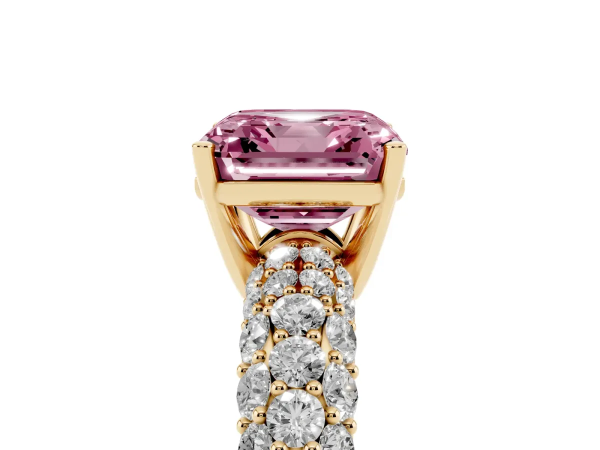 Fancy Pink Asscher Cut Diamond Pavé Band Solitaire Ring with Four-Prong Setting Yellow gold