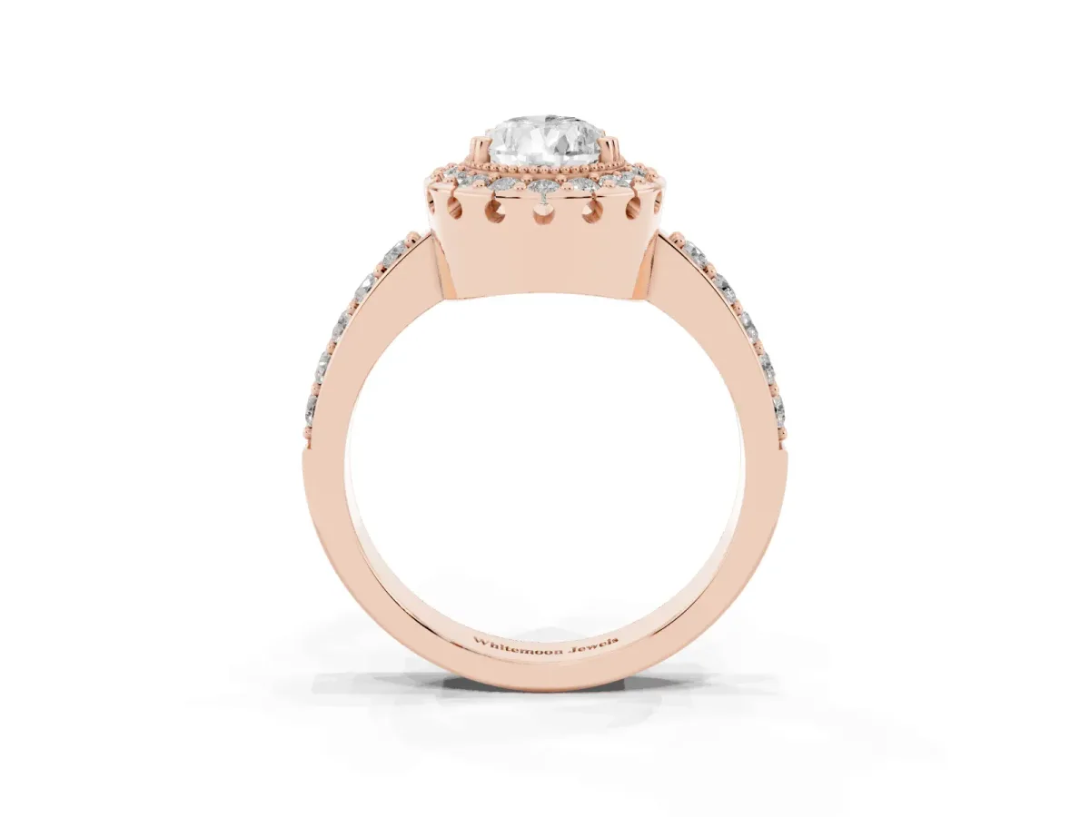 Pear Cut Diamond Halo Ring with Pavé Band and Prong Setting Rose gold