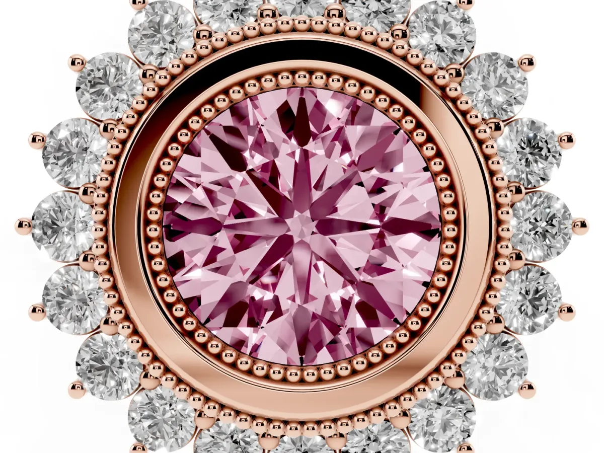 Fancy Pink Round Cut Halo Diamond Ring with Milgrain Edge and Round Prong Setting Rose gold