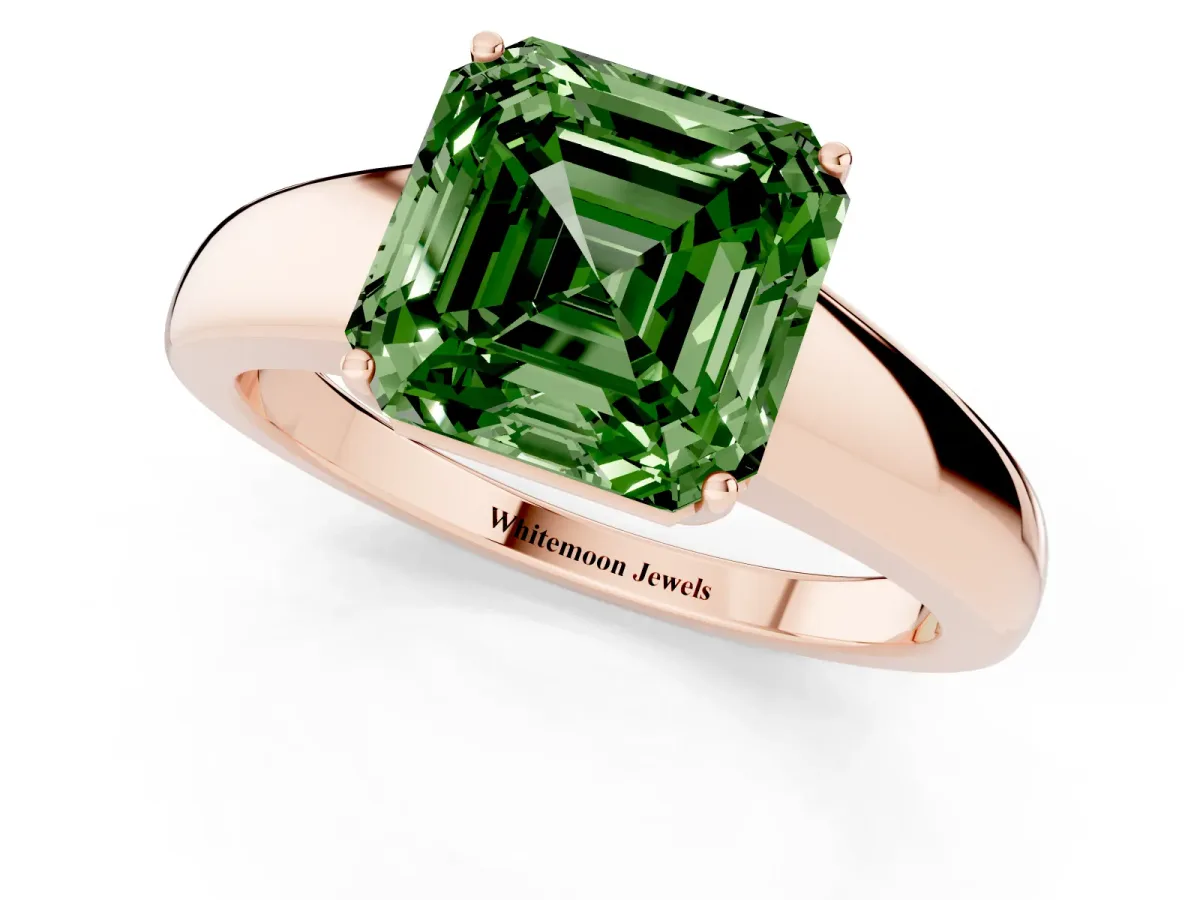 Fancy Green Asscher Cut Solitaire Diamond Ring with Tapered Band and Four-Prong Setting Rose gold