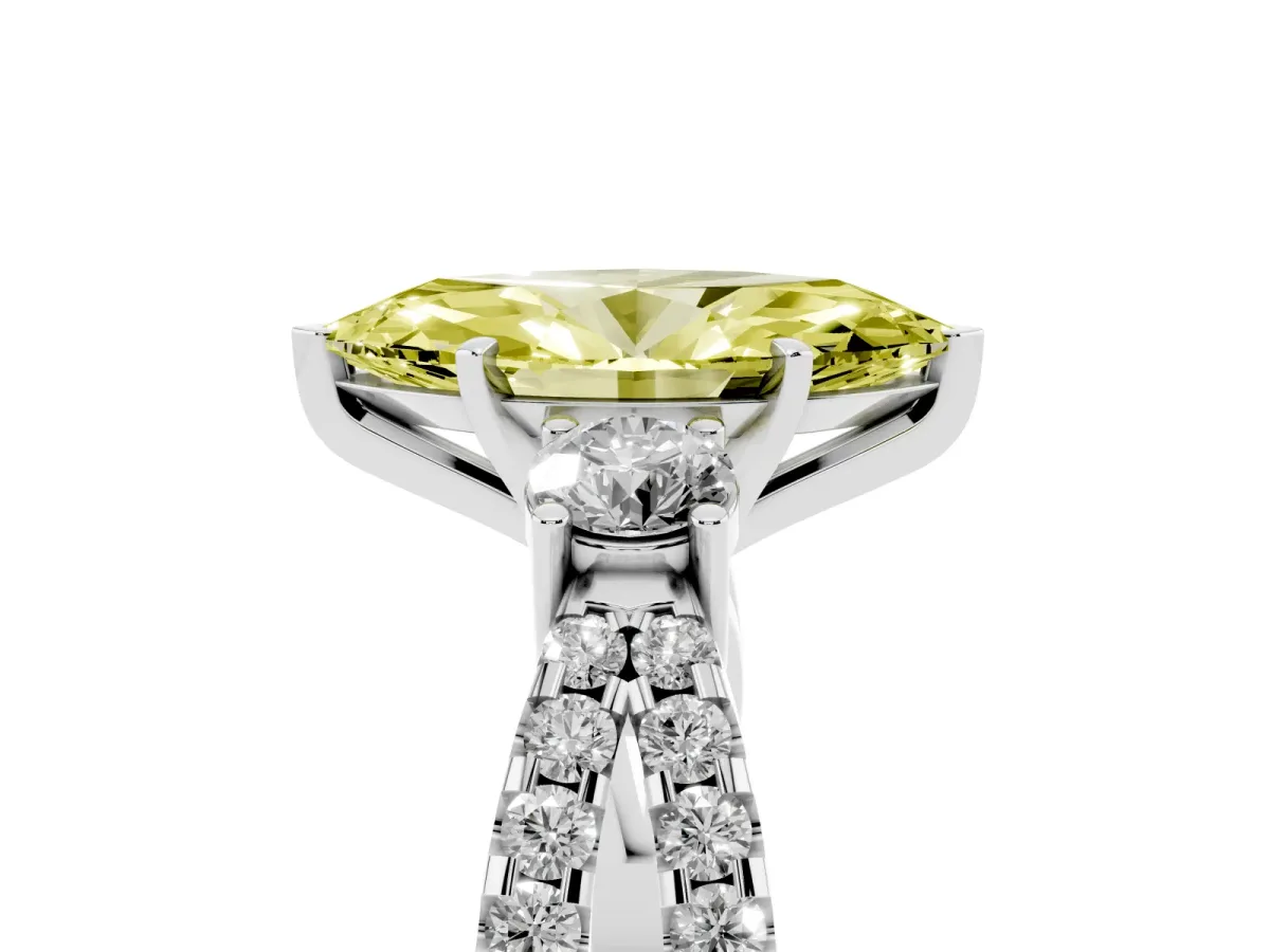 Fancy Yellow Marquise Cut Diamond Three-Stone Ring with Pavé Split Shank and Four-Prong Setting Platinum