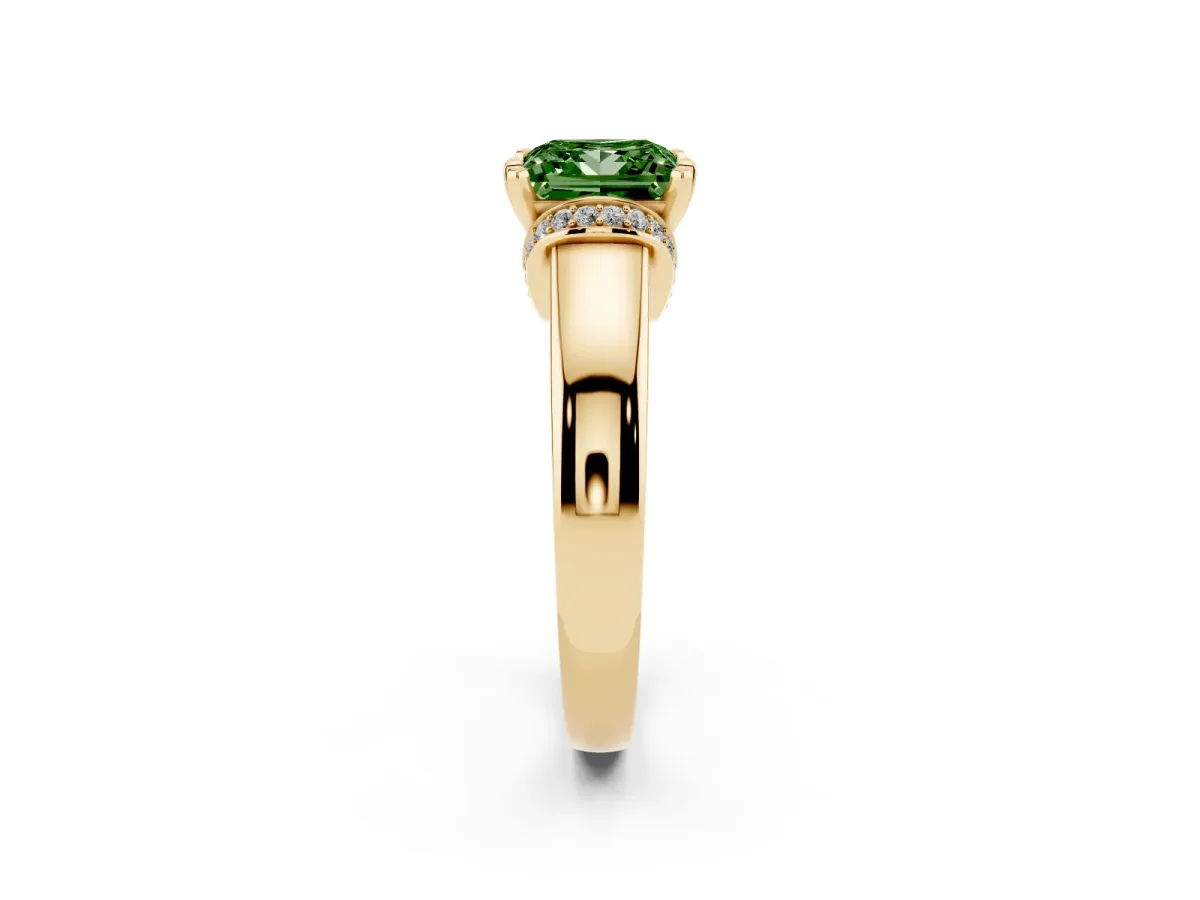Fancy Green Princess Cut Solitaire Diamond Ring with Pave Band and Six-Prong Setting Yellow gold