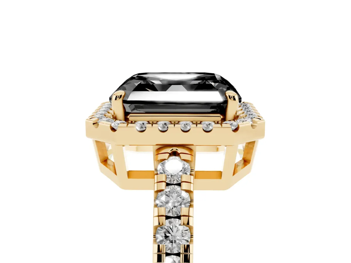 Fancy Black Asscher Cut Diamond Halo Ring with Pavé Band and Four-Prong Setting Yellow gold