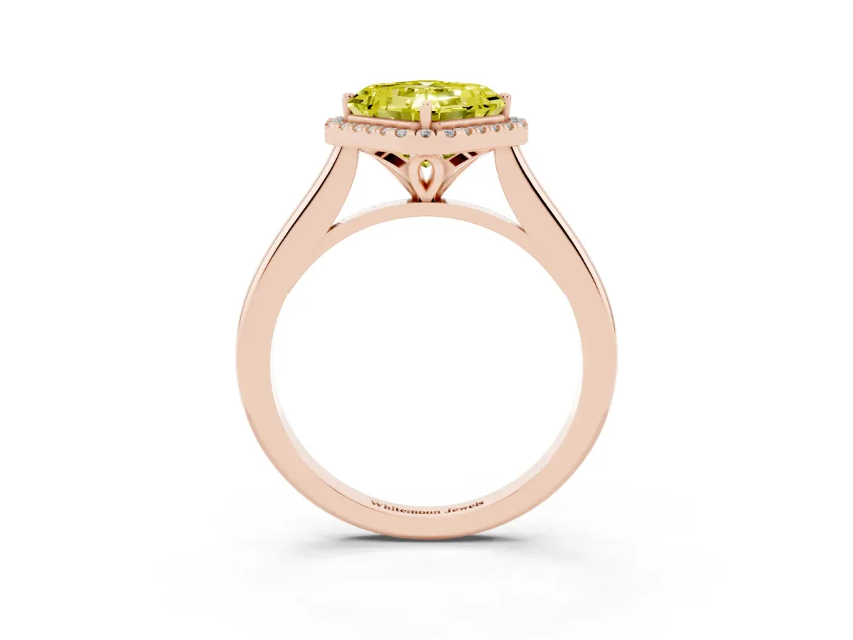 Fancy Yellow Asscher Cut Halo Round Diamond Solitaire Engagement Ring with Pave Band and Four-Prong Setting Rose gold