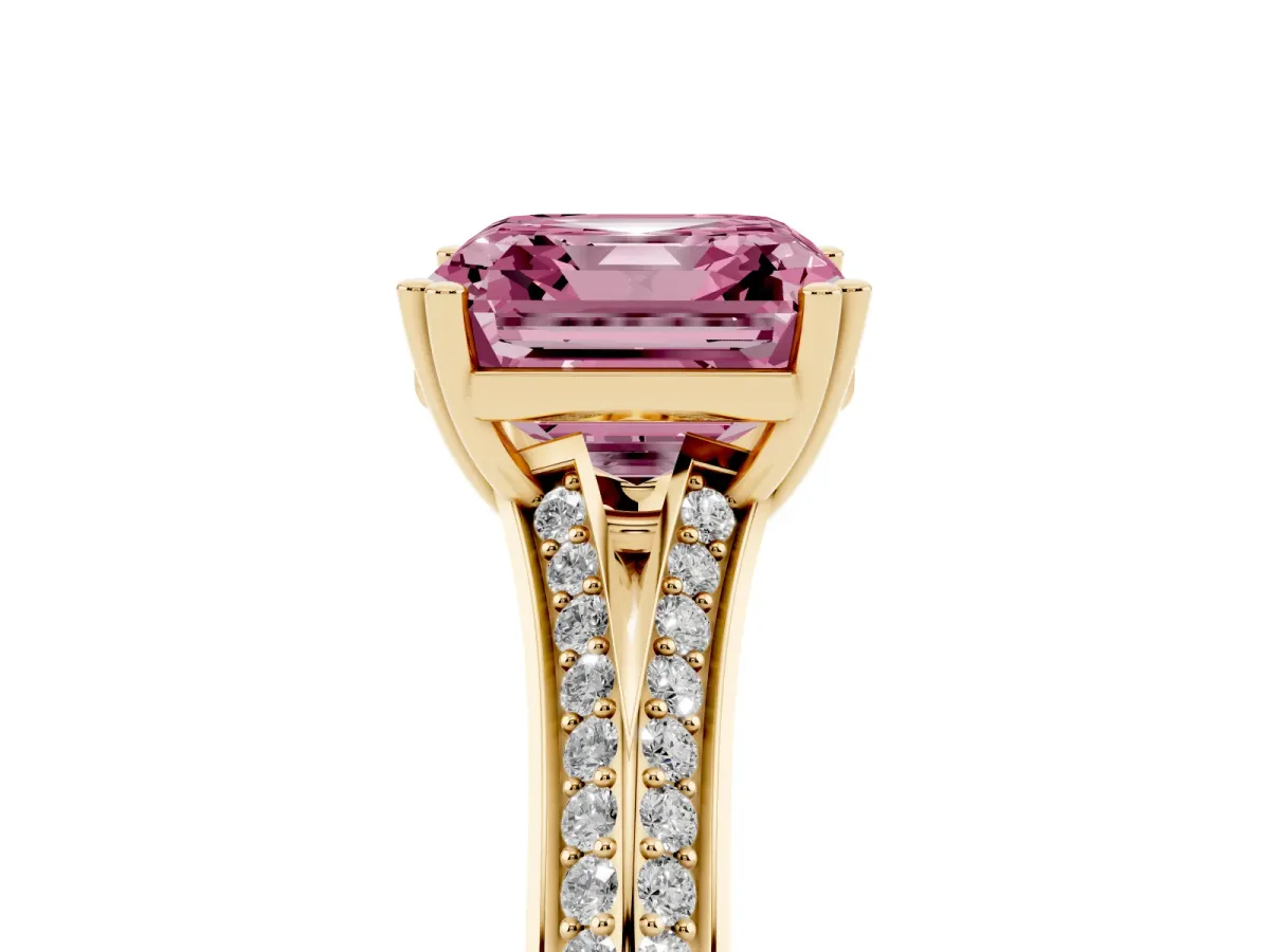 Fancy Pink Asscher Cut Diamond Split Shank Engagement Ring with Pavé Band Yellow gold