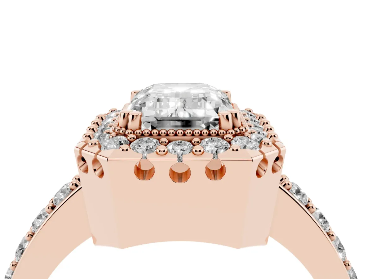 Emerald Cut Diamond Halo Ring with Pavé Band and Prong Setting Rose gold