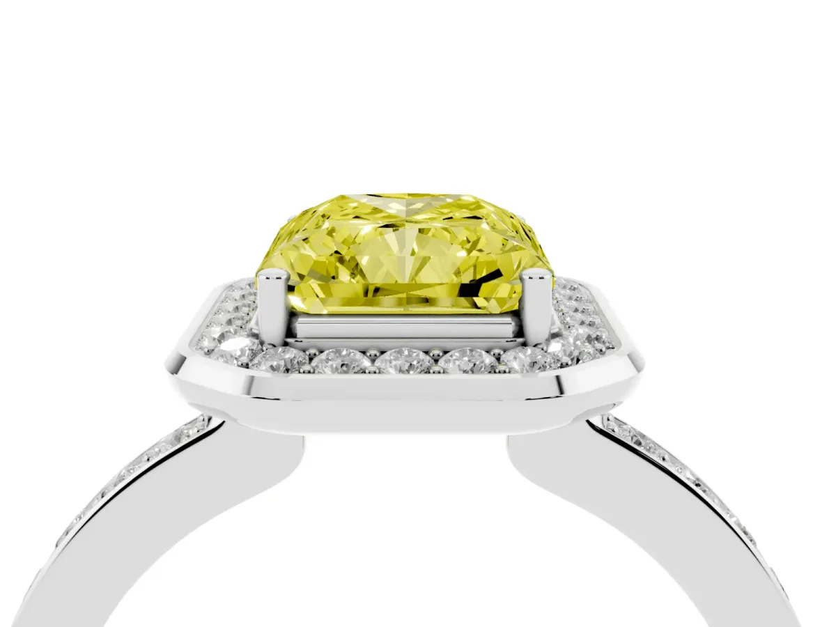 Fancy Yellow Radiant Cut Diamond Halo Ring with Bezel Frame and Pavé Band Silver