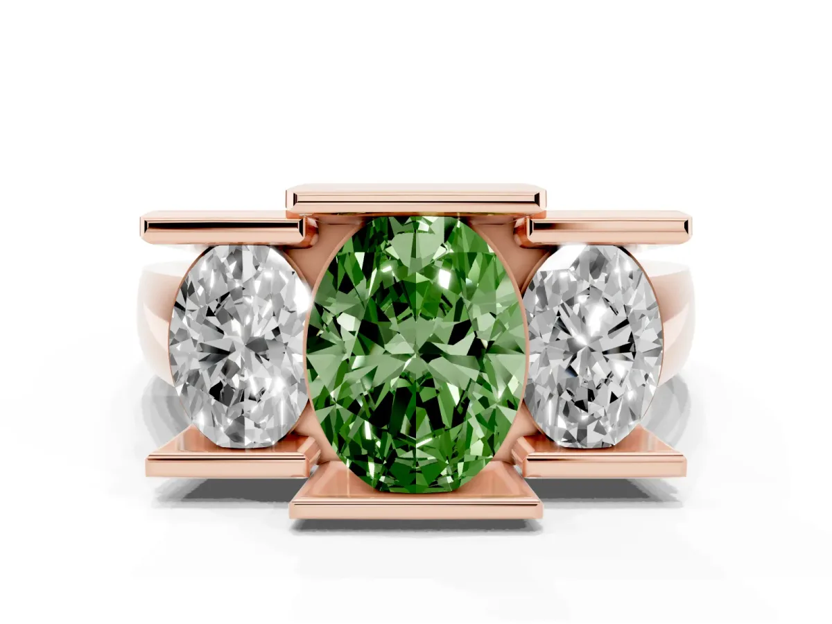 Fancy Green Three Stone Oval Cut Cut Channel Set Diamond Ring Rose gold