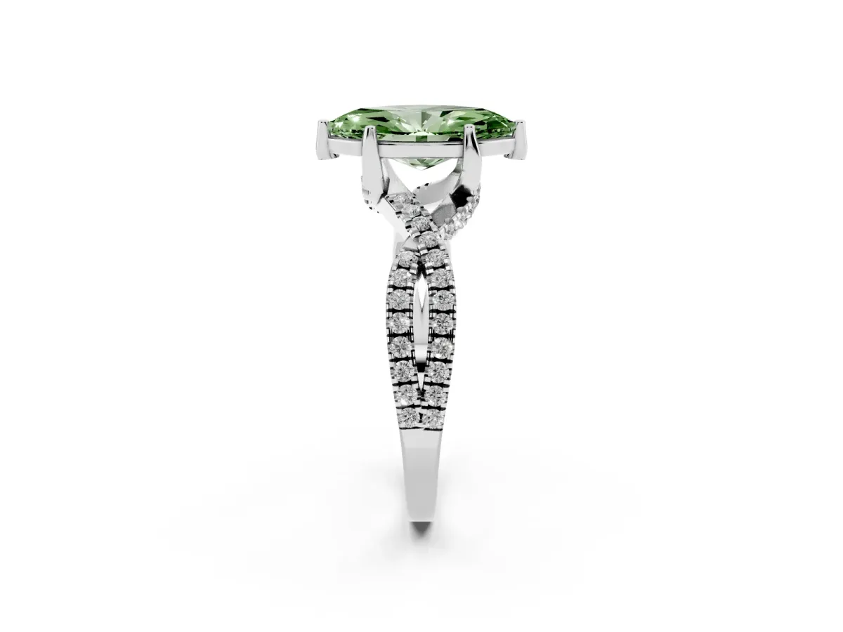 Fancy Green Marquise Cut Solitaire Twist Pave Diamond Engagement Ring with Prong Setting Silver