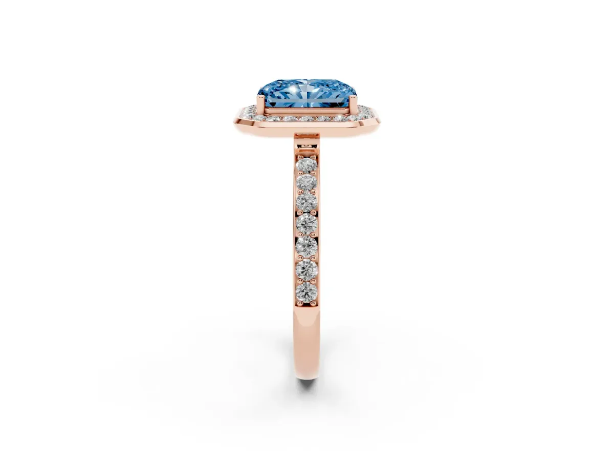Fancy Blue Radiant Cut Diamond Halo Ring with Bezel Frame and Pavé Band Rose gold