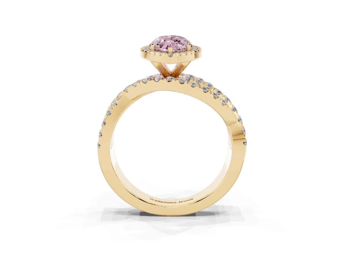 Fancy Pink Marquise Cut Diamond Halo Ring with Round Split Shank and Prong Setting Yellow gold