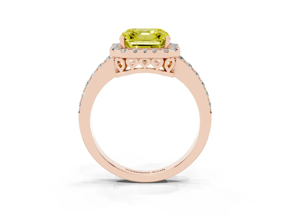Fancy Yellow Asscher Cut Halo Diamond Pavé Band Ring with Prong Setting Rose gold