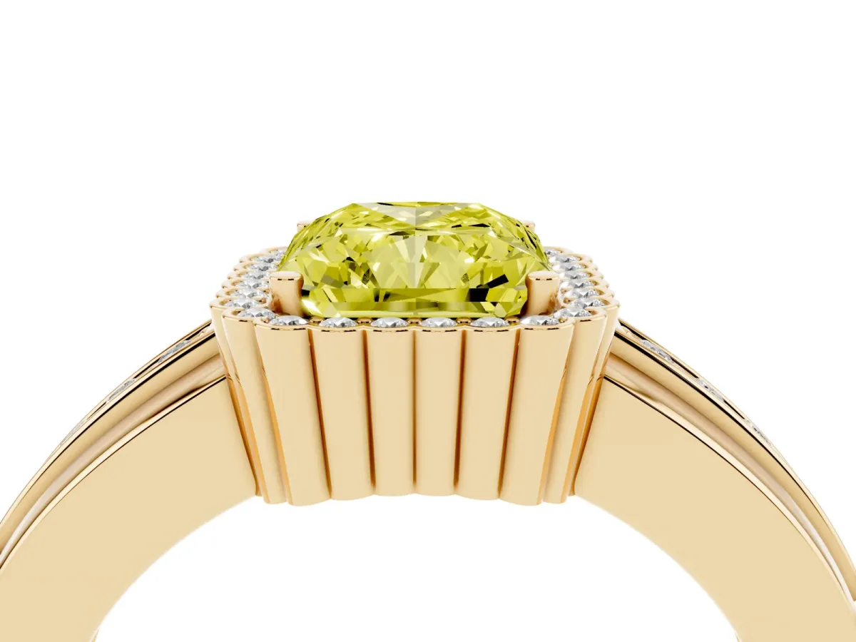 Fancy Yellow Radiant Cut Cut Halo Pave Band Four-Prong Ring Yellow gold