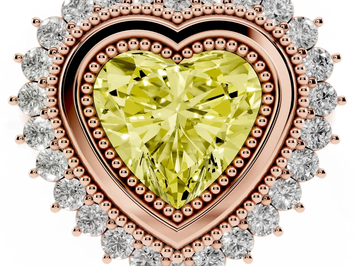 Fancy Yellow Heart Cut Halo Diamond Ring with Milgrain Edge and Round Prong Setting Rose gold