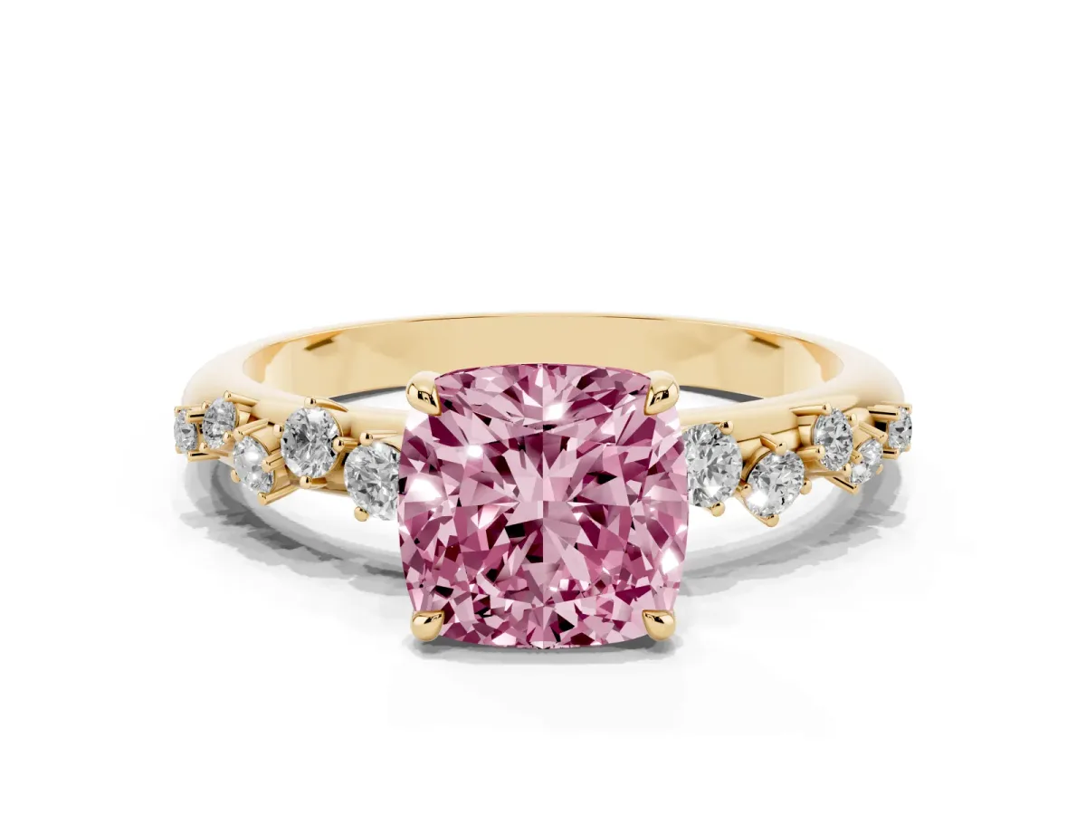 Fancy Pink Cushion Cut Diamond Cluster Prong-Set Solitaire Ring Yellow gold