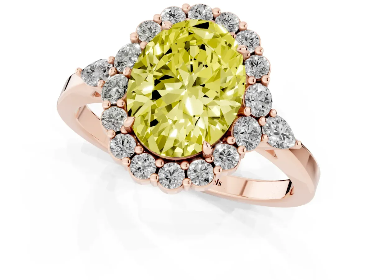 Fancy Yellow Oval Cut Diamond Halo Ring with Pear Side Stones and Prong Setting Rose gold
