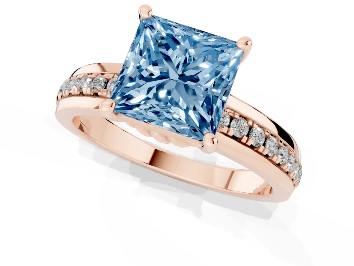 Fancy Blue Princess Cut Solitaire Diamond Ring with Channel Set Band and Six-Prong Setting Rose gold