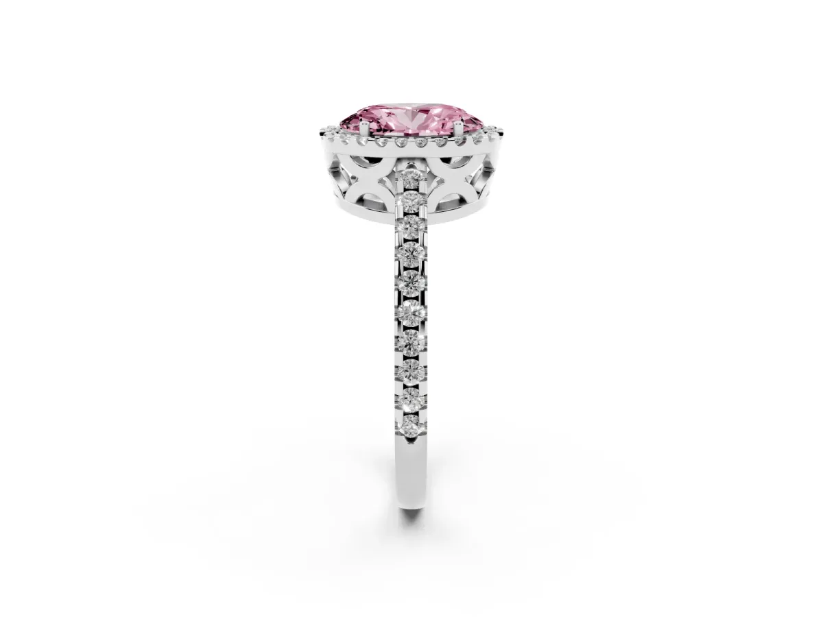 Fancy Pink Oval Cut Diamond Halo Engagement Ring with Pavé Band and Prong Setting Platinum