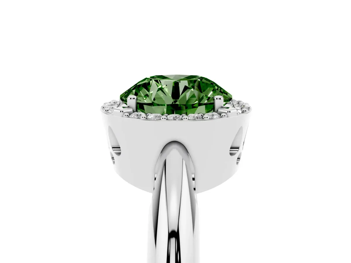 Fancy Green Round Cut Cut Diamond Halo Engagement Ring with Split Shank and Four-Prong Setting Silver
