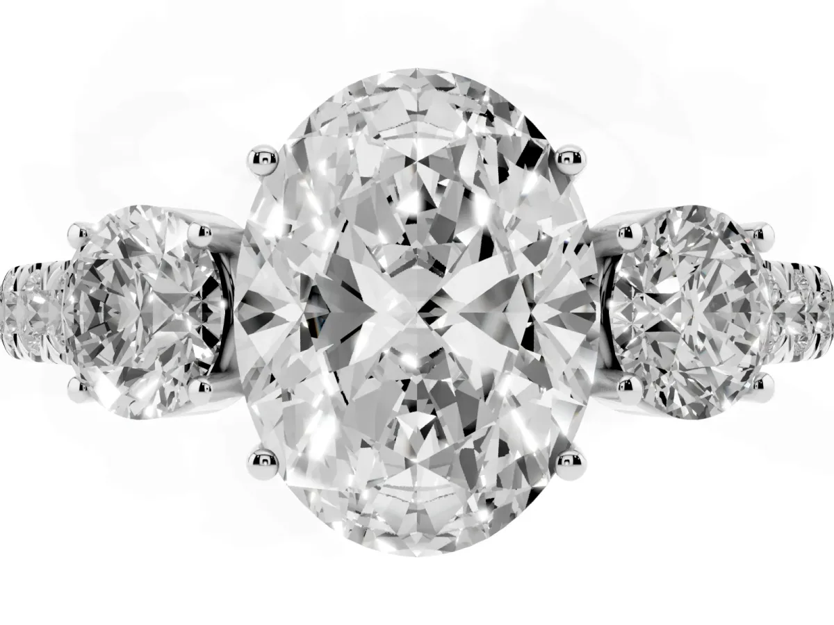 Oval Cut Cut Diamond Three-Stone Ring with Round Side Stones and Pavé Band Silver