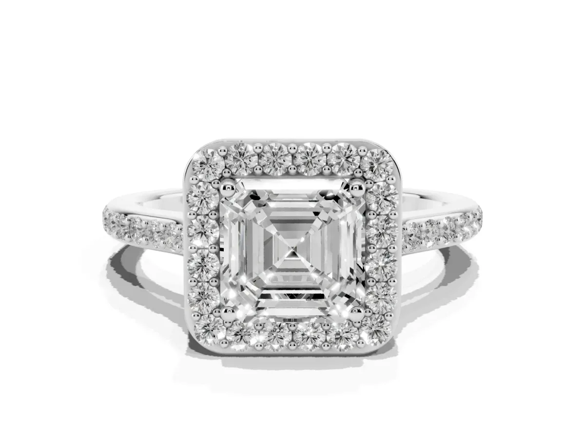 Asscher Cut Diamond Halo Engagement Ring with Round Pavé Shoulders and Prong Setting White gold