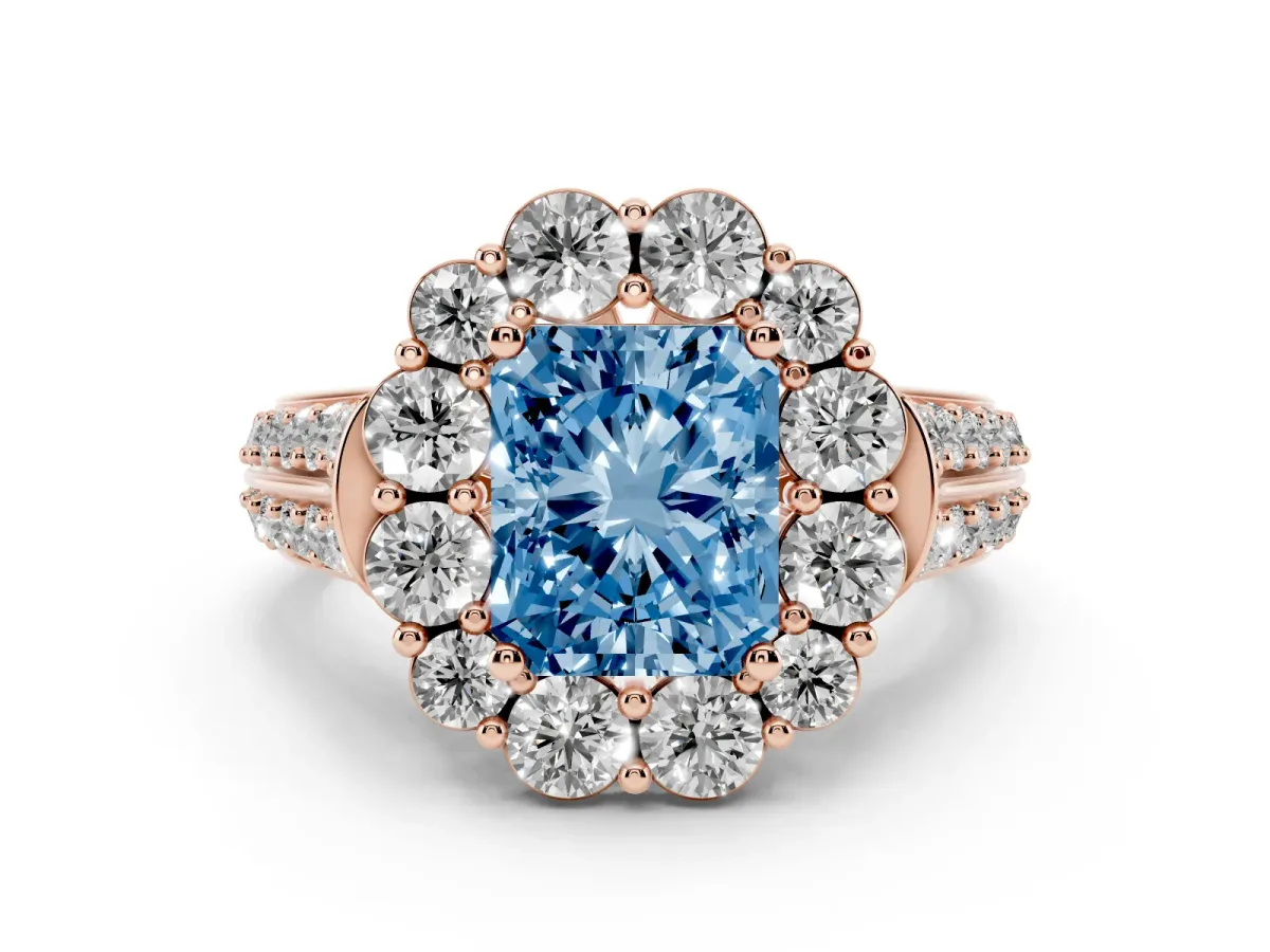Fancy Blue Radiant Cut Halo Diamond Engagement Ring with Split Shank and Prong Setting Rose gold