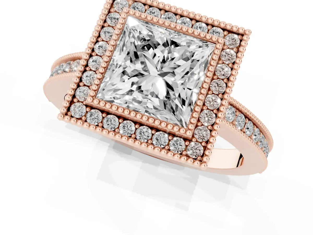 Princess Cut Cut Halo Diamond Ring with Pavé Band and Milgrain Prong Setting Rose gold