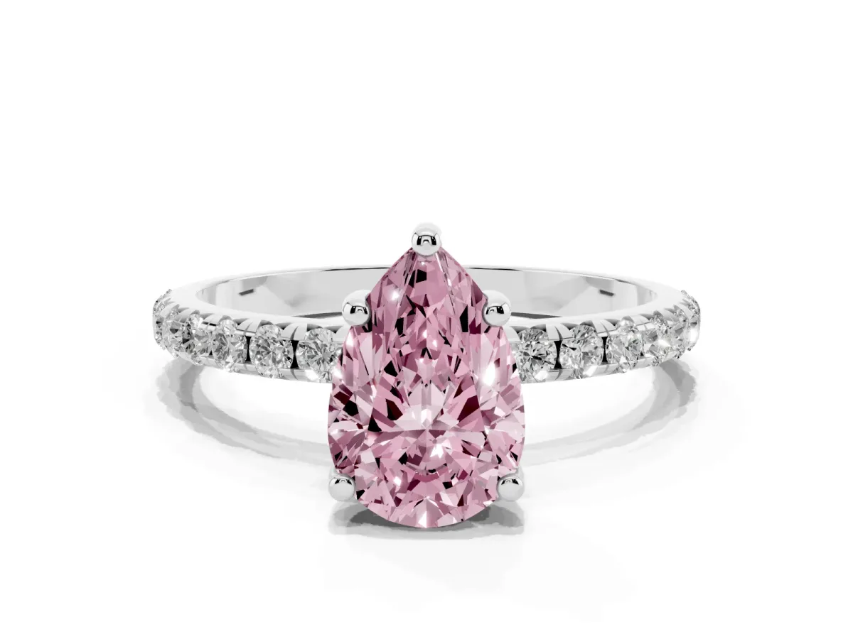 Fancy Pink Pear Cut Cut Diamond Solitaire Ring with Micro Pave Band and Four Prong Setting Silver