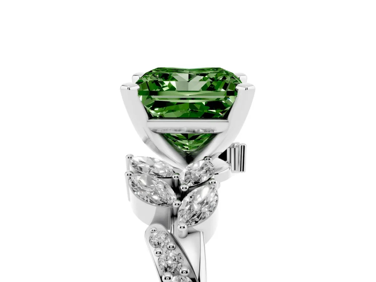 Fancy Green Princess Cut Solitaire Marquise Twist Band with Six-Prong Setting Silver